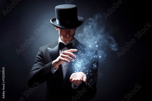 Magician in a hat shows magic on solid dark background. ai generative photo