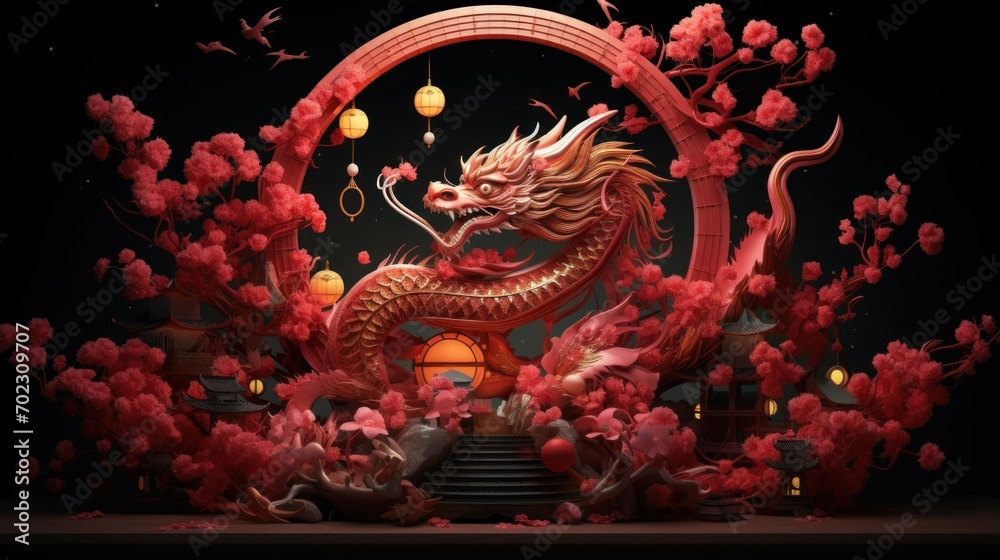 Majestic Dragon Symbol of New 2024 Year in Blossoms Chinese Lunar New Year Theme. Red dragon roars amongst blooming cherry blossoms, power and luck for the Chinese New Year celebration.