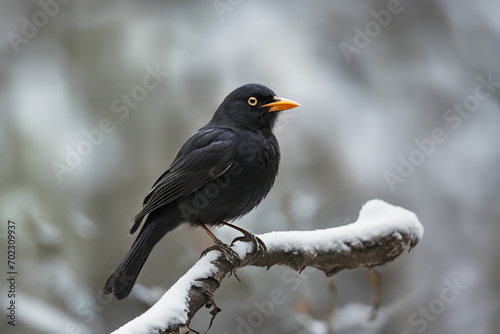 Blackbird on bush with snow in winter