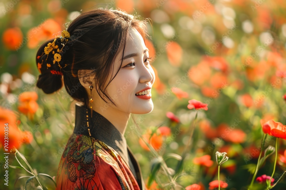 Naklejka premium Chinese Woman in Traditional Dress in Flower Garden
