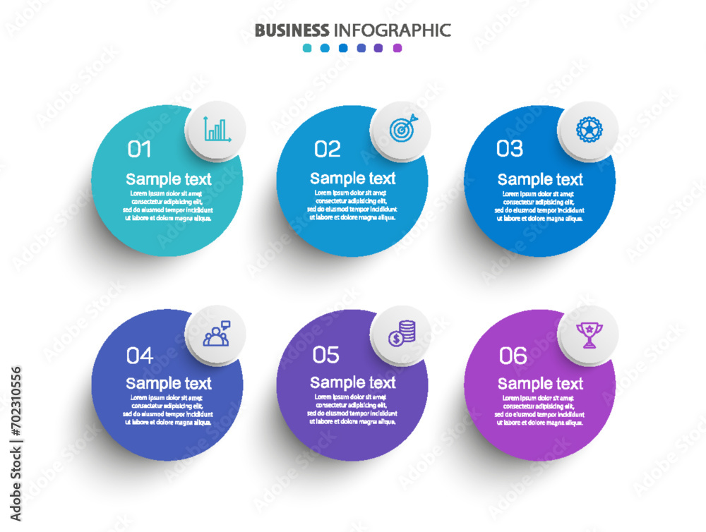 Business vector infographic design template with icons and 6 options or steps. Can be used for process diagram, presentations, workflow layout, banner, flow chart, info graph Business vector infographic design template with icons and 6 options or steps. Can be used for process diagram, presentations, workflow layout, banner, flow chart, info graph