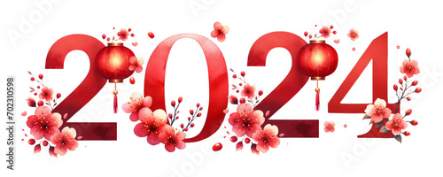 2024 Happy New Year. Chinese New Year Concept Character Font Letter. watercolor red font with flower lantern Lunar Festival Element.