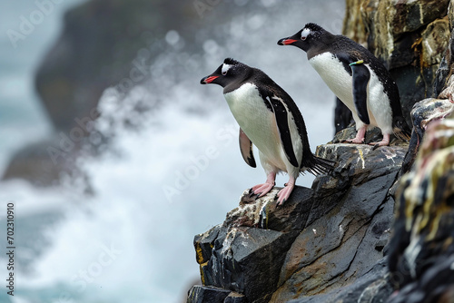 Rockhopper Penguins, hopping on craggy cliffs, dynamic action, sunlight filtering through clouds