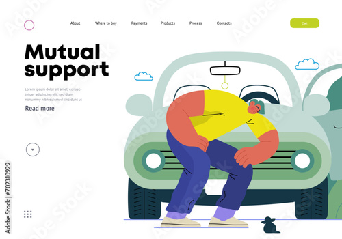 Mutual Support: Adopting a stray animal -modern flat vector concept illustration of man stopping his car for a kitten on the road A metaphor of voluntary, collaborative exchanges of resource, services
