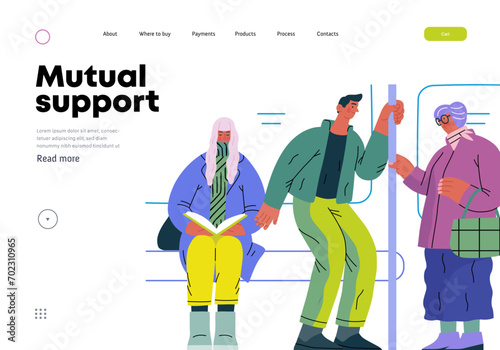 Mutual Support Giving up seat in public transport -modern flat vector concept illustration of man offering his seat to elderly woman on bus A metaphor of voluntary, collaborative exchanges of services