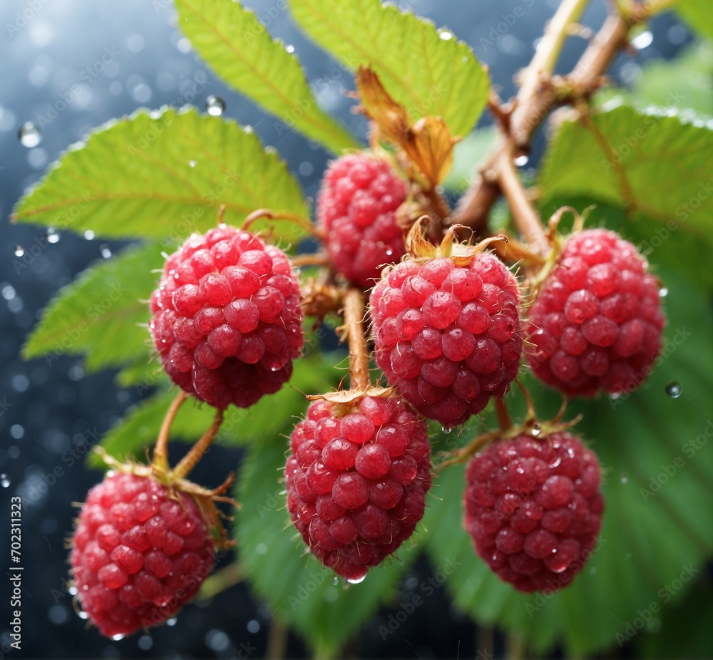 Ripe red raspberries with water drops on a dark background Ripe red raspberries with water drops on a dark background