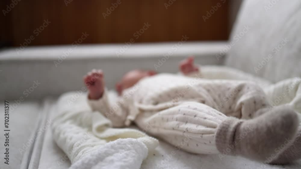 close-up of baby's legs dressed in socks and bodysuit. the child lies on the sofa and swings his legs close-up of baby's legs dressed in socks and bodysuit. the child lies on the sofa and swings his legs