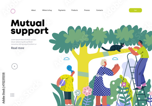 Mutual Support: Rescue cat from tree -modern flat vector concept illustration of elderly woman and man on a ladder under the tree Metaphor of voluntary, collaborative exchanges of resource, services