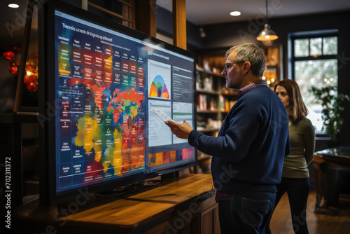 Strategic Analysis, Marketing Team Engages with Infographic on Large Touch Screen in Meeting. © pkproject