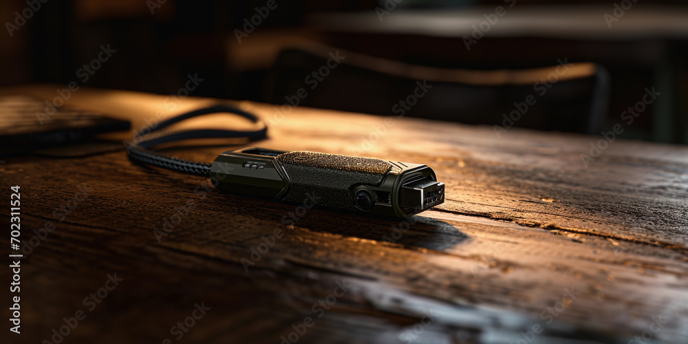 military-grade encrypted USB drive, placed on an oak table, displaying its ruggedness and security features military-grade encrypted USB drive, placed on an oak table, displaying its ruggedness and security features
