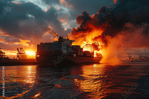 Fire on a cargo ship carrying containers.