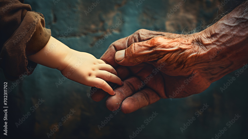 An old man's hand holding a young baby boy's hand. Grandpa or ...