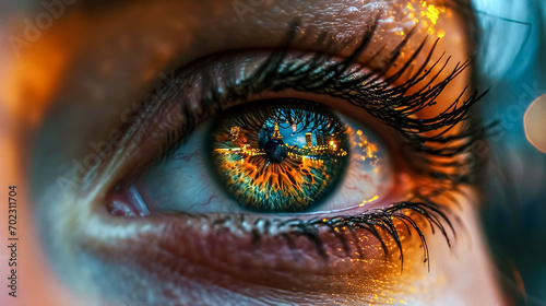 Close-up of a woman's beautiful eye with the reflection of the city and the Eiffel Tower in the background. 