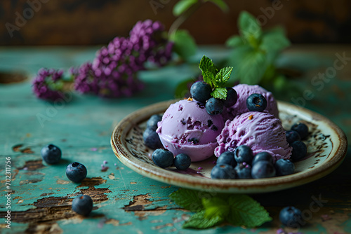 Handmade blueberries ice cream on plate on wood green background. photo