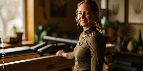 Pilates studio owner, portrait, standing proudly next to the Pilates Reformer, ambient studio lighting