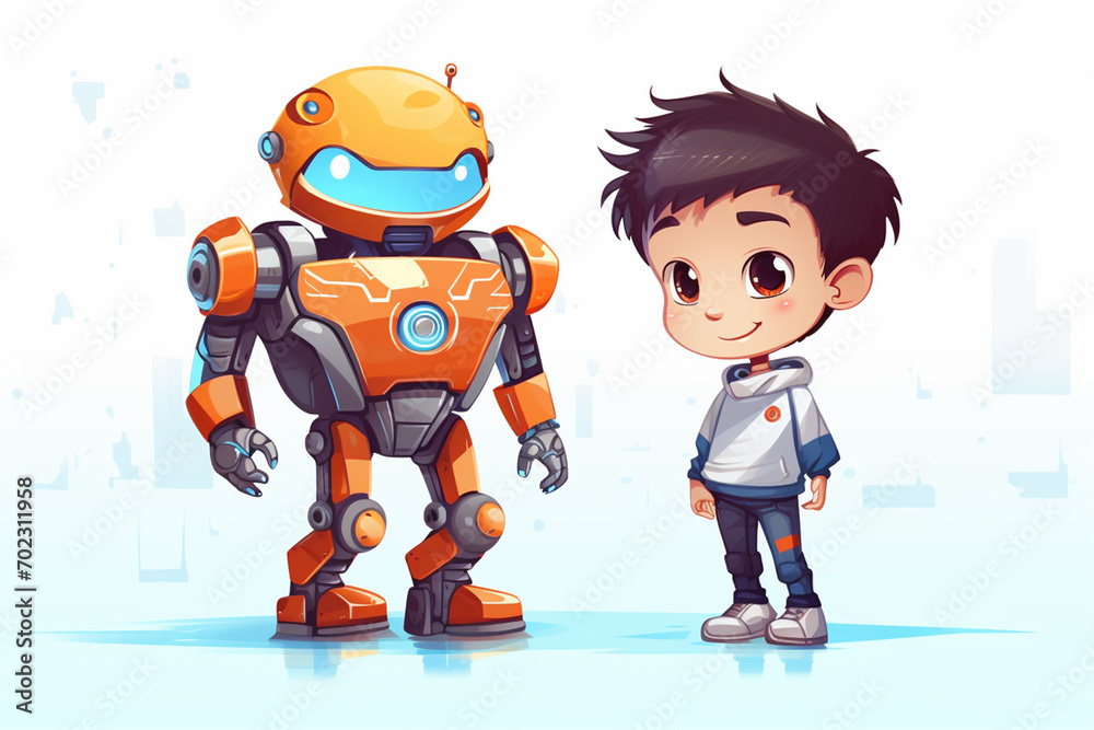 Cute cartoon robot with artificial and boy