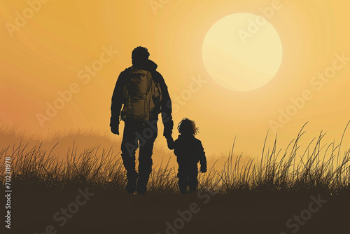 A man walks in a field at sunset with a small child, holding hands, rear view