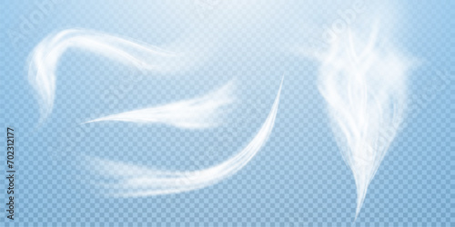 This is a vector set of realistic powder or mist sprays, aerosol trails and bursting vapour splashes. Festive wind, Christmas spotted, cold air. Smoke from car wheels, smoke from explosions.