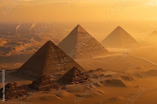 Giza pyramid complex  golden hour lighting casting long shadows over the vast desert