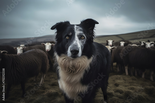 Flock of sheep with dog on green field. Neural network AI generated art