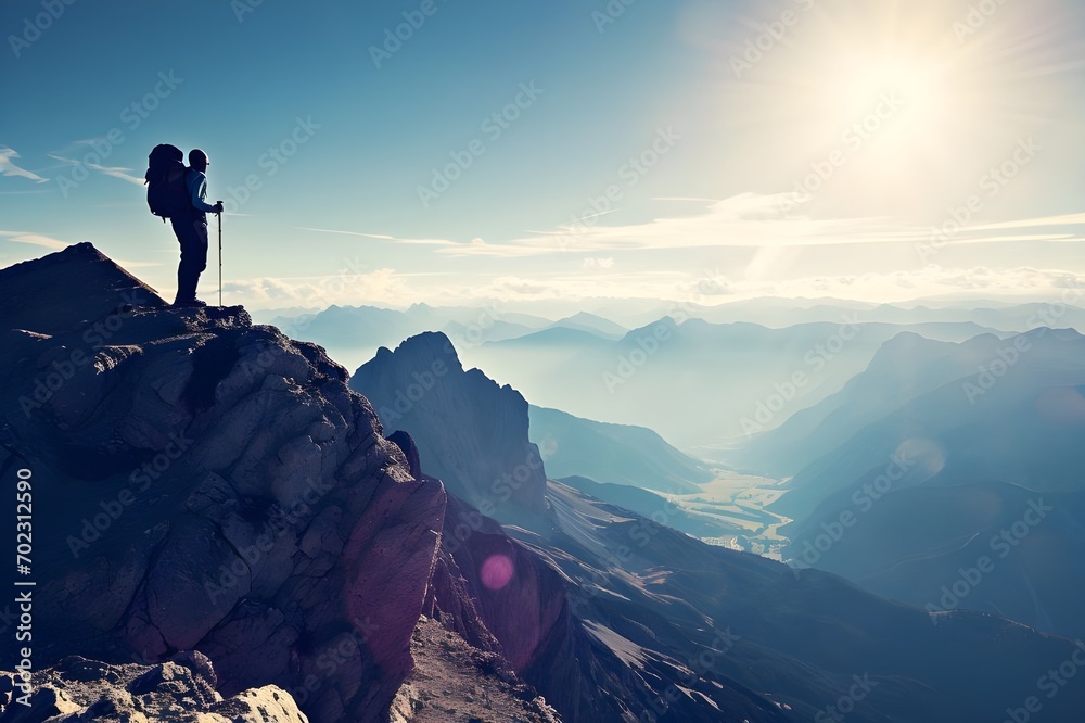 Hiker at the summit of a mountain overlooking