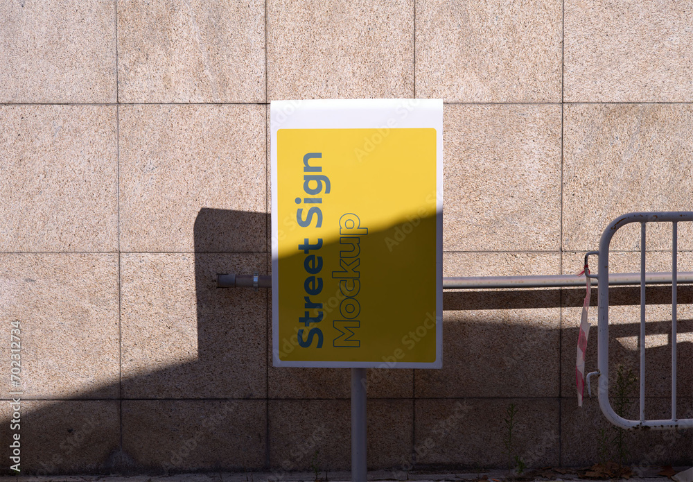 Mockup of customizable sign on railing outside building Stock Template ...