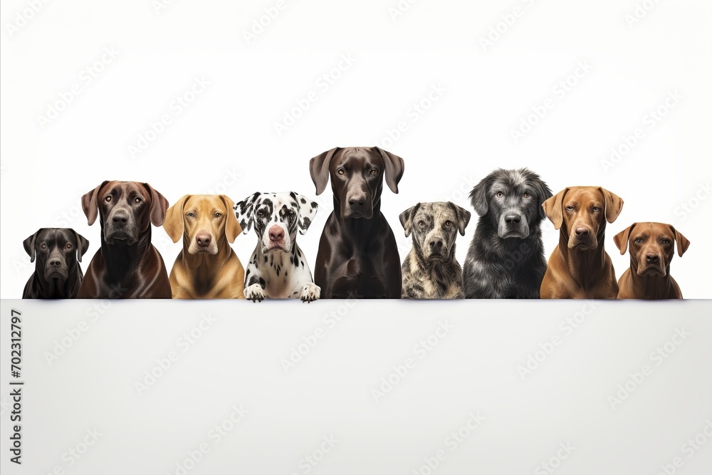 Mixed breed dogs various sizes and breeds isolated on white background with copy space - obrazy, fototapety, plakaty 