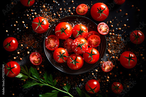 Fresh cherry tomatoes on a black background with spices