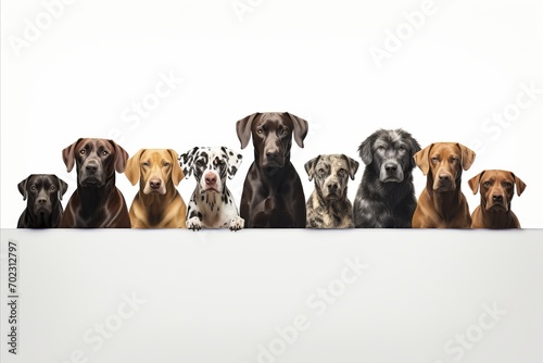 Mixed breed dogs various sizes and breeds isolated on white background with copy space