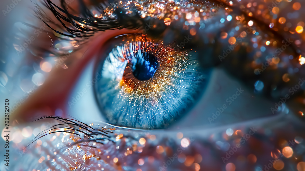Macro shot of beautiful woman's eye with bright makeup and sparkles.  - obrazy, fototapety, plakaty 