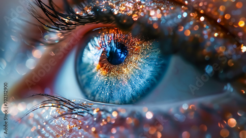 Macro shot of beautiful woman's eye with bright makeup and sparkles. 