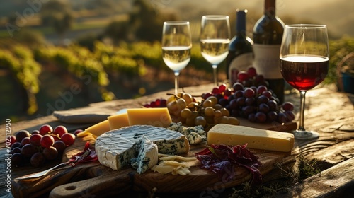 cheese and wine pairing,, outdoor terrace overlooking vineyards, elegant morning indulgence and elegance, soft diffuse light
