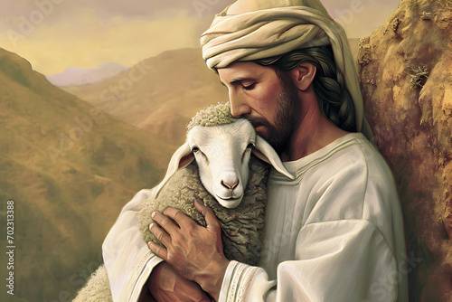 Oil painting of Jesus recovered the lost sheep carrying it in arms. photo