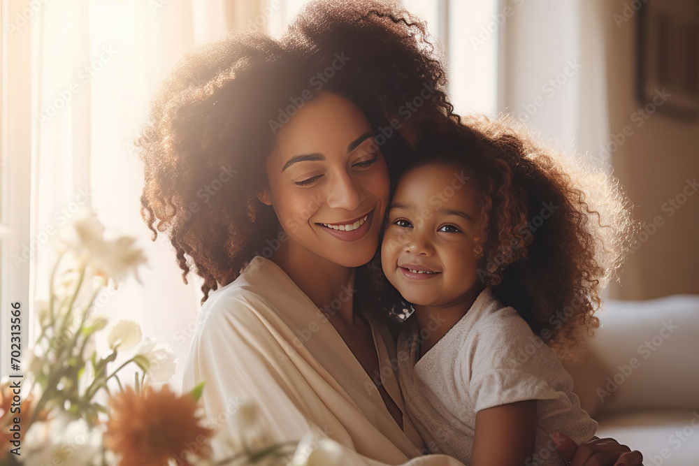 Happy African American mom and daughter on Mother's Day, mother's Day celebration concept, mom and daughter hug, maternal love and care - obrazy, fototapety, plakaty 