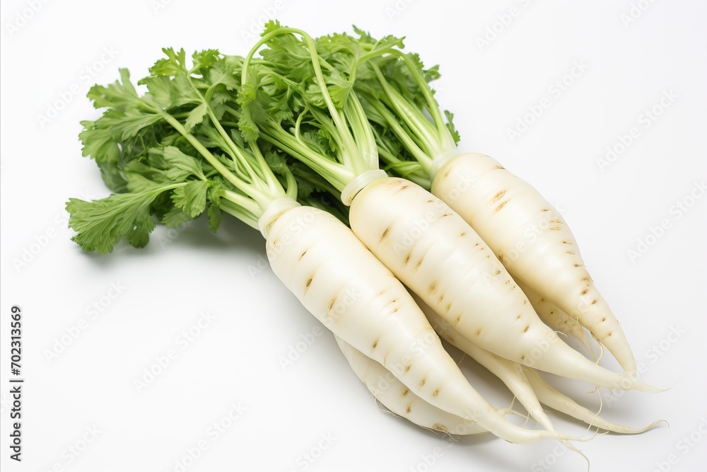 Crisp daikon radish on white backdrop for captivating ads packaging designs that demand attention. Crisp daikon radish on white backdrop for captivating ads packaging designs that demand attention.