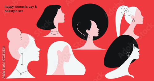 Isolated flat vector set of women's hairstyles and portraits. Pink, white and black women colors. Postcards for March 8. Women diverse faces, haircuts, nationality. Trendy design set.