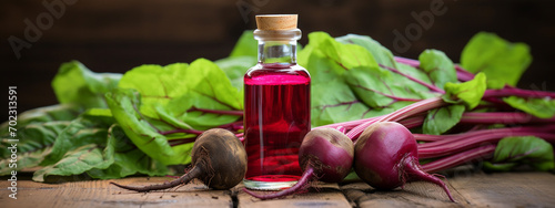 bottle, jars of beet essential oil extract photo