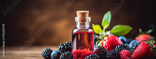 bottle, jars of essential oil extract, berry mix photo
