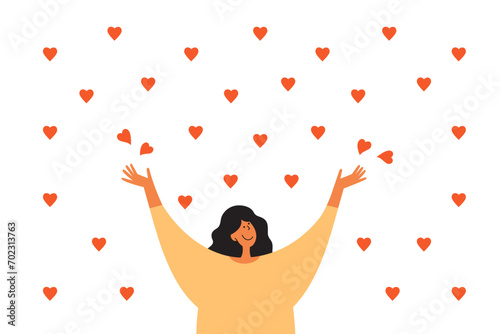 Young happy woman bathing in love. Female catching rain drops of hearts. Power of grateful, happiness vector illustration. Girl falling in love. Charity donation, aid, health care. Rain of heart shape