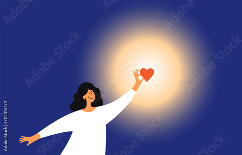 Female holding heart in hands lights up night dark. Sharing love, charity, donate vector illustration. Donation, help care, donor, empathy, helping hand concept. Young woman lighting darkness by love