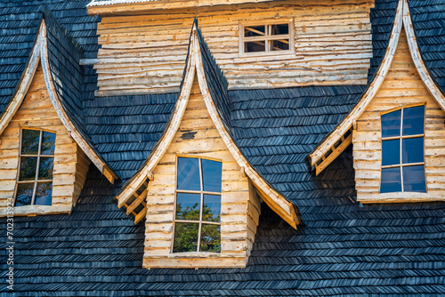 Close-up of a wooden bungalow designed as a haunted house for Halloween