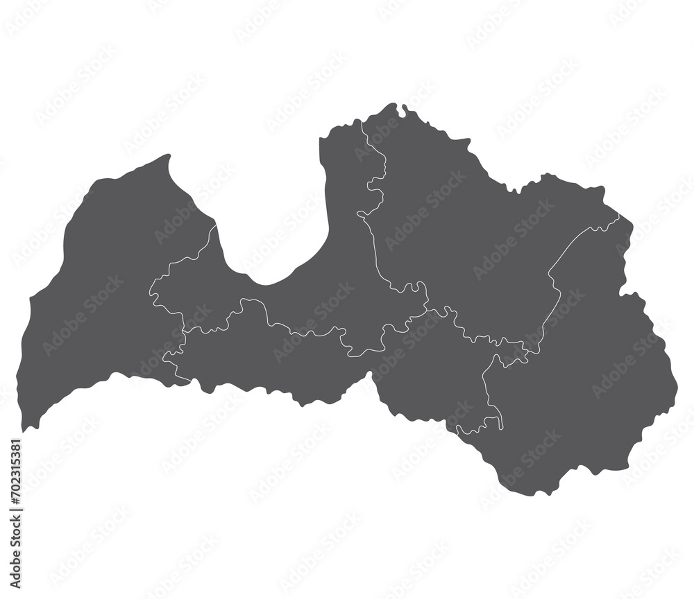Latvia map. Map of Latvia divided into five main regions in grey color