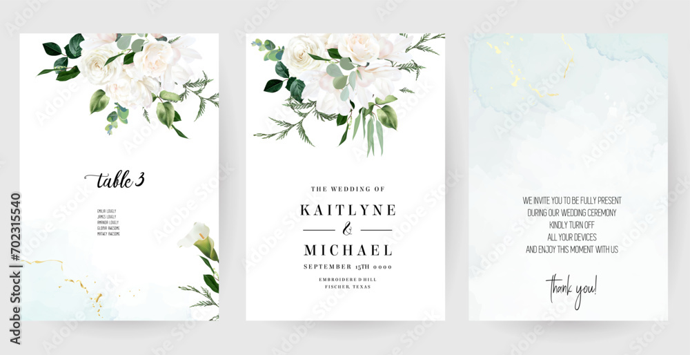 Floral eucalyptus selection vector frames. Hand painted branches, white flowers, leaves on white background