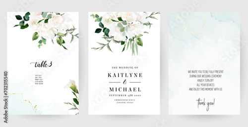Floral eucalyptus selection vector frames. Hand painted branches  white flowers  leaves on white background