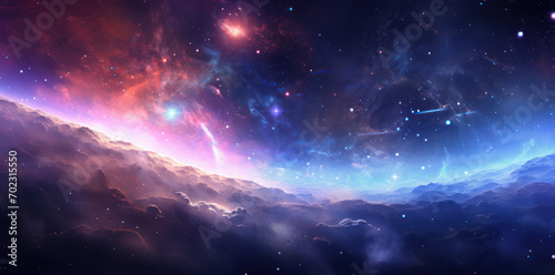 Landscape of an another planet, view of another planet with stars and nebulas, science fiction cosmic background. 