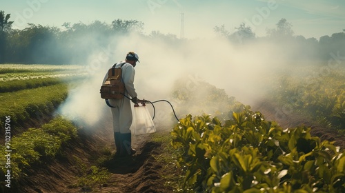 Man in Chemical Protection Suit: Spraying Pesticides on Plants