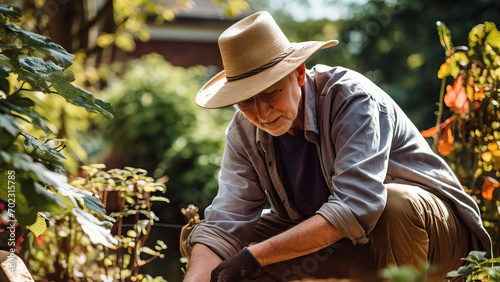 Retired Gardener: Man in Straw Hat Planting in Garden Bed