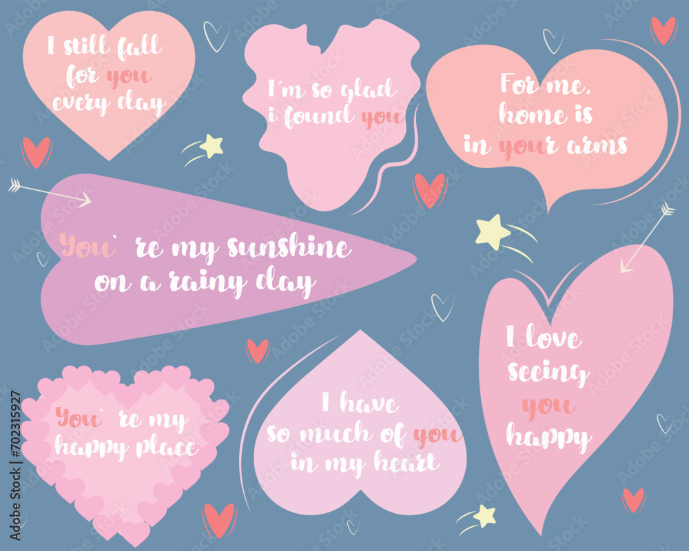 Set of speech bubbles with complimentary phrases, self-love quotes