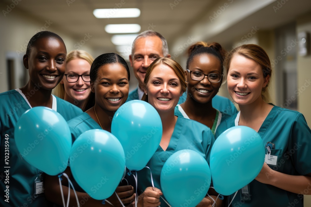 medical staff celebrates the holiday with balloons - obrazy, fototapety, plakaty 