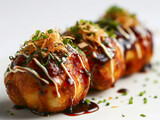 Takoyaki is isolated on a white background in a minimalist style. 